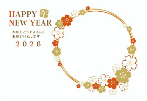 2026年午年の桜フォト年賀状/横・朱 年賀状,2026年,桜,フォトフレーム,はがき,テンプレート,お正月,サークル,令和八年,午のイラスト素材
