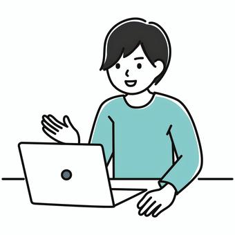 パソコンでリモート通話する男性 リモート,ワーク,仕事,通話,パソコン,男性,会話,話す,会議,デスクワークのイラスト素材