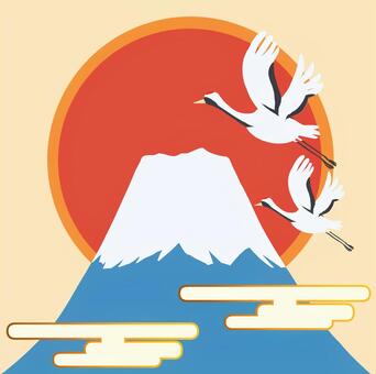 富士山と日の出と鶴と雲の年賀状イラスト 年賀状,雲海,富士山,初日の出,鶴,縁起物,太陽,夫婦,2羽,朝のイラスト素材