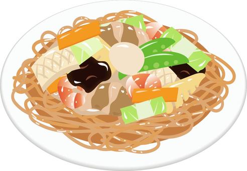 あんかけ焼きそば あんかけ,焼きそば,中華料理,町中華,白菜,にんじん,きくらげ,いか,海老,豚肉のイラスト素材