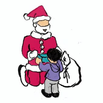 サンタさんとお話し 保育園,園児,保育士,子供,サンタ,サンタさん,プレゼント,贈り物,渡す,袋のイラスト素材