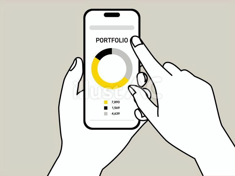 スマホの金融アプを操作する手 スマートフォン,スマホ,携帯電話のイラスト素材