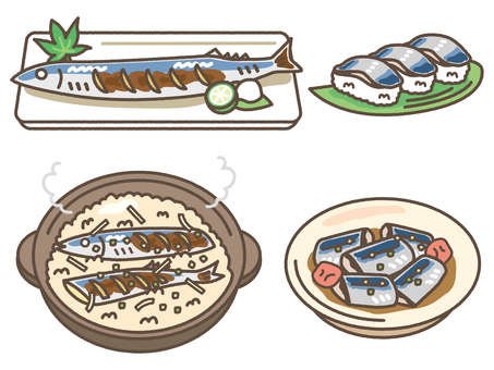 サンマ料理セット サンマ,魚,青魚,焼き魚,塩焼き,おかず,ご飯,炊き込みご飯,米,新米のイラスト素材