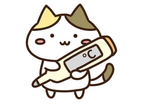 体温計を持って検温測定を案内する三毛猫 体温計,検温,測定,案内,チェック,体調,管理,調べる,習慣,体温のイラスト素材