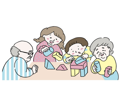 仲良く遊ぶ祖父母と孫 人物,おじいちゃん,おばあちゃん,高齢者,子ども,孫,家族,親戚,生活,兄弟のイラスト素材