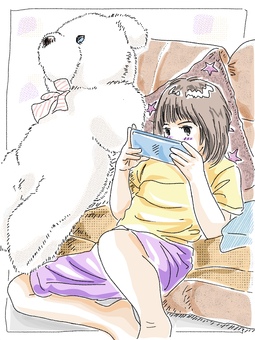 ソファーでスマホを見る娘　色付き ソファー,スマホ,ぬいぐるみ,人物,娘,子供,生活のイラスト素材