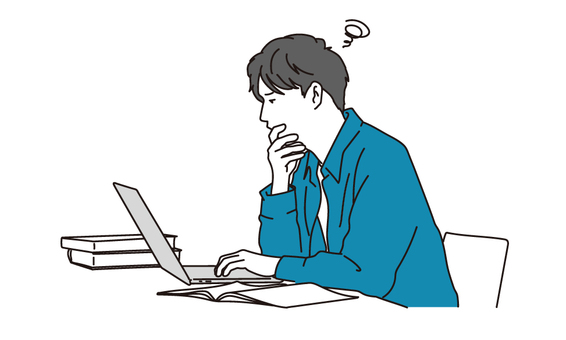 ノートパソコンの前で悩む男性のイラスト ノートパソコンの前で悩む男性のイラスト ノートパソコン,悩む,男性のイラスト素材