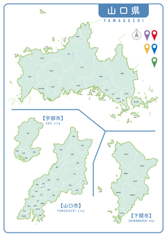 山口県 市町村マップ  地図,日本,市町村,マップ,エリア,区分,山口県,下関市,宇部市,山口市のイラスト素材