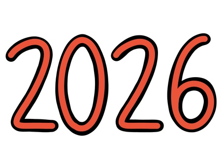 2026 朱色 黒ふち文字 2026,年賀状,正月,干支,数字,黒ふち,朱色,見出し,はっきり,使いやすいのイラスト素材