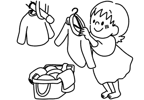 洗濯物を干す子ども 洗濯物,家事,子供,手伝い,長袖,裸足,笑顔,ハンガー,カゴ,ワンピースのイラスト素材