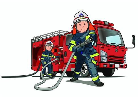 消火活動中の消防隊員と消防車 消防車,消火活動,消防隊員,赤色,ポンプ車,トラック,緊急車両,イラストのイラスト素材