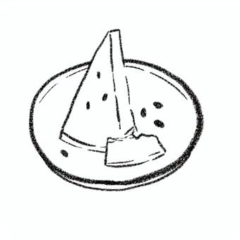お皿にのったスイカ　鉛筆風 スイカ,西瓜,夏,夏野菜,果物,種,お皿,食べかけ,シンプル,白黒のイラスト素材