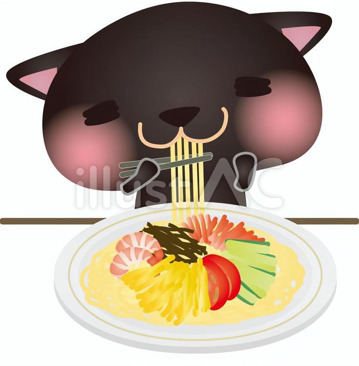 くろねこ冷やし中華 猫,冷やし中華,いただきますのイラスト素材
