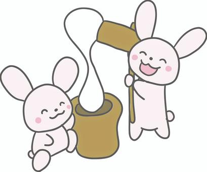 もちつきをするピンクうさぎ　ピンク うさぎ,餅つき,お正月,お月見,秋,冬,行事,かわいい,キャラクター,動物のイラスト素材