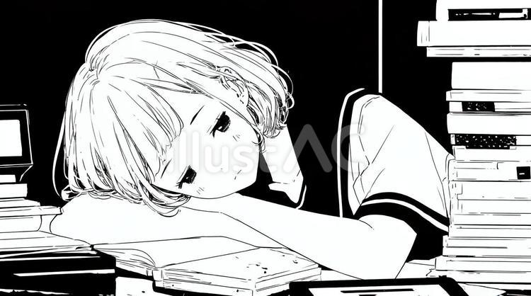 眠るモノクロの女子学生 女の子,学生,モノクロのイラスト素材