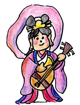 弁天様 弁天様,七福神,神,絵手紙,水彩画,墨彩画,手描き,冬,ポストカードのイラスト素材