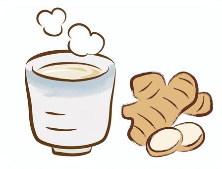 湯呑のしょうが湯と生姜 しょうが湯,生姜,飲み物,ドリンク,ホット,湯呑,冬,手書き,温かい,湯気のイラスト素材