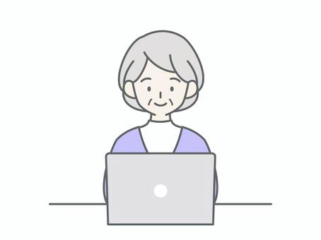 パソコンを操作するシニア女性 人物,女,祖母,おばあちゃん,老人,高齢者,お年寄り,シニア,白髪,パソコンのイラスト素材