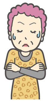  大阪のおばちゃん-031-バスト うーん,おばちゃん,大阪,ヒョウ柄,おばはん,中年,女性,関西,派手,おばさんのイラスト素材