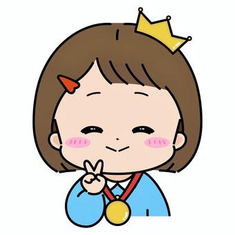 王冠とメダルを貰って嬉しそうな女の子２ 誕生日,冠,金メダル,主役,お祝い,表彰,一位,優勝,おめでとう,ピースのイラスト素材