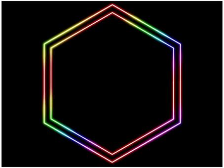 六角形フレ−ム　ネオン　虹色　二重 六角形,二重,フレ−ム,ポストカード,メッセージカード,飾り枠,あしらい,ネオン,グラデーション,虹色のイラスト素材