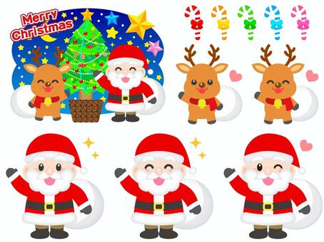 サンタクロースとトナカイのイラスト素材 サンタクロース,トナカイ,クリスマス,クリスマスツリー,イベント,冬,男性,人物,動物,お菓子のイラスト素材
