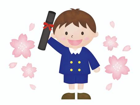 Watercolor style elementary school boy at graduation ceremony with dancing cherry blossoms, , JPG and AI