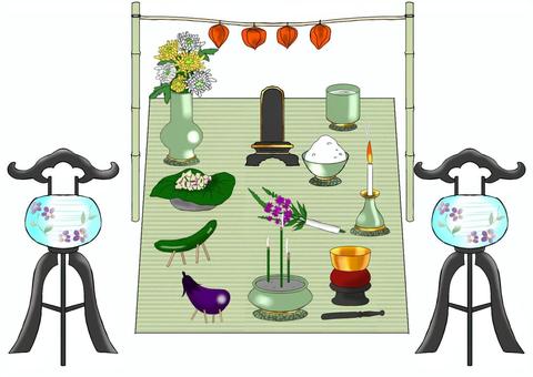 盆棚 盆棚,お盆,盆提灯,花,位牌,鬼灯,ろうそく,精霊馬,精霊牛,線香のイラスト素材