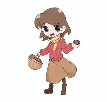 栗拾いする女子 栗拾い,栗,スイーツ,秋,10月,いがぐり,果物狩り,食べ物,女の子,女性のイラスト素材