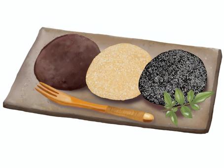 おはぎ（3色） おはぎ,小豆,粒あん,きな粉,胡麻,甘い,ご飯,餅米,ぼたもち,あんころ餅のイラスト素材