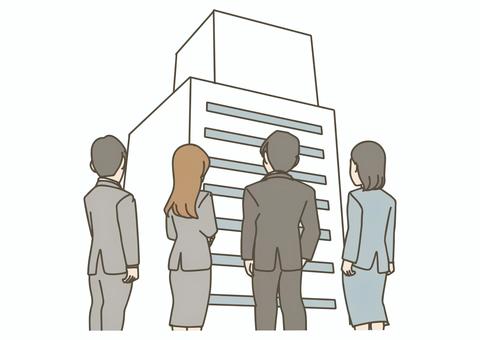 ビルを見上げるビジネスチーム ビジネス,チーム,協力,仲間,グループ,スーツ,会社員,社会人,ビジネスマン,ビジネスウーマンのイラスト素材