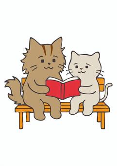 CA_C08_いっしょにどくしょ 猫,手描き,動物,日常風景,かわいい,読書,ベンチ,本のイラスト素材