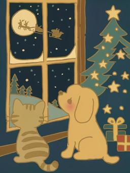 クリスマスの夜空を窓から眺める犬と猫 クリスマス,クリスマスツリー,冬,木,夜,聖夜,月,夜空,星,景色のイラスト素材