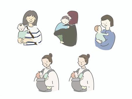 ママと子ども 親子,女性,子ども,赤ちゃん,人物,抱っこ,抱っこ紐のイラスト素材