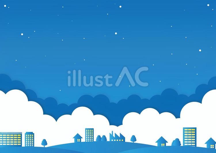 ポップで可愛い夜空と街のイラスト風景素材 街,家,ビルのイラスト素材