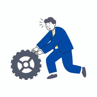 歯車を押す若いビジネスマン 人物,男性,ビジネス,スーツ,歯車,努力,作業,挑戦,苦労,仕事のイラスト素材