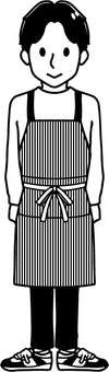白黒・エプロンの男性_2 モノクロ,白黒,大人,男性,全身,エプロン,ズボン,パンツ,長袖,スニーカーのイラスト素材