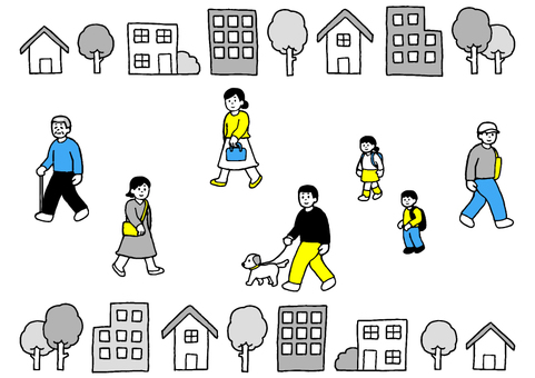 住宅街と人物のイラスト 人物,外出,住宅街,街並み,男性,女性,子供,徒歩,シニア,老人のイラスト素材