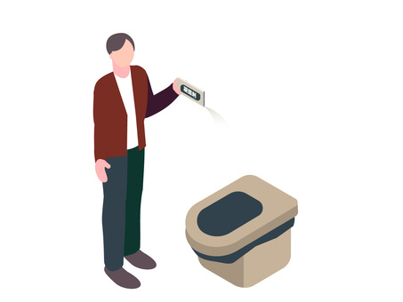 簡易トイレに凝固剤を入れる男性のアイソメ 簡易トイレ,トイレ,段ボール,緊急時,災害時,凝固剤,処理,男性,人物,アイソメのイラスト素材