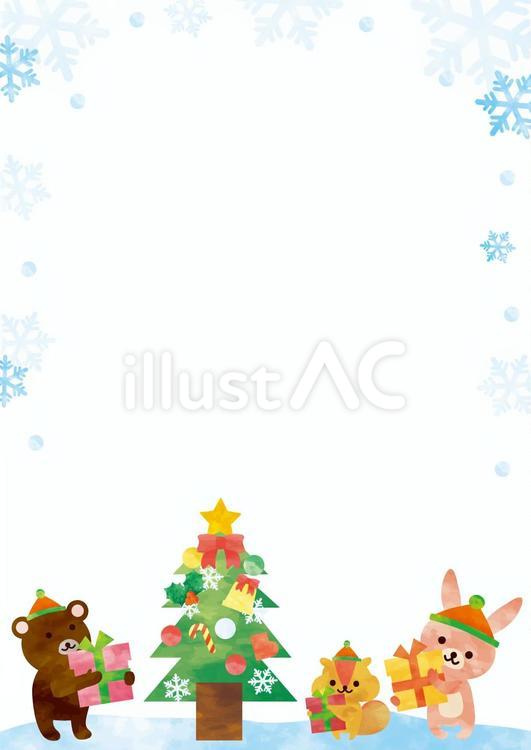 クリスマスツリーと雪と動物の縦フレーム クリスマス,クリスマスツリー,動物のイラスト素材