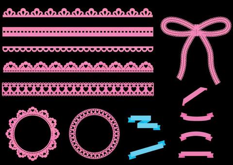 レースとリボンのセット1_Bアウトライン リボン,レース,装飾,あしらい,セット,飾り枠,フレーム,パーツ,ライン,ガーリーのイラスト素材