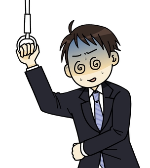 電車の中で体調が悪くなる男性 人物,電車,体調不良,病気,通勤中,吊り側,腹痛,辛い,ストレス,青ざめるのイラスト素材
