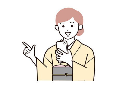 スマホと指差し話す着物女性A左向／カラー 指差し,スマホ,話す,女性,お母さん,着物,講師,20代,30代,40代のイラスト素材