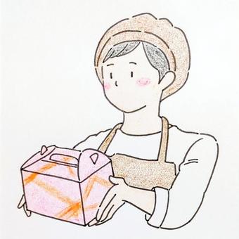 ケーキの箱を渡す販売員 販売員,洋菓子店,和菓子店,菓子,デパ地下,デパート,百貨店,ケーキ,パティスリー,エプロンのイラスト素材