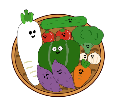 ざるに入った顔つき野菜の詰め合わせ 野菜,キャラクター,顔つき,笑顔,ざる,竹ざる,ざる盛り,盛り合わせ,大根,かぼちゃのイラスト素材