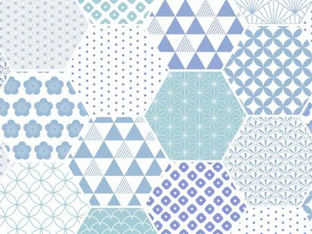 亀甲配置の和柄背景  亀甲,青,水色,年賀状,新年,謹賀新年,梅,鱗,鹿の子,麻の葉のイラスト素材