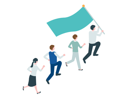 旗を掲げて走るリーダーと仲間 人物,会社員,サラリーマン,キャリアウーマン,ビジネスマン,ビジネスウーマン,走る,チーム,全身,前進のイラスト素材