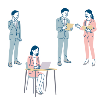 スーツ姿の働く人々の可愛いイラスト素材 ビジネスマン,ビジネスウーマン,人物,ビジネス,仕事,サラリーマン,職場,会社,会社員,スーツのイラスト素材