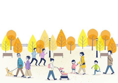 秋の公園散歩 公園,散歩,秋,晩秋,人物,夫婦,家族,老夫婦,ジョギング,ランニングのイラスト素材
