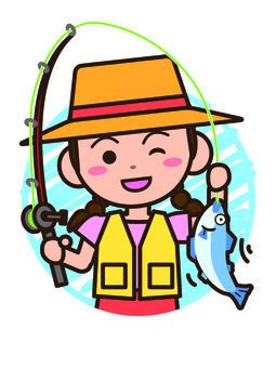 釣り_女の子 釣り,女の子,リール,竿,魚,ベスト,麦ワラ帽子,川遊び,アウトドア,キャンプのイラスト素材